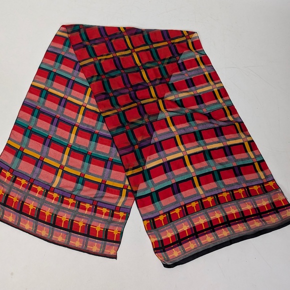 90s Plaid Scarf Abstract Rectangular Sheer Primary Colours Grid Tartan - Picture 2 of 8
